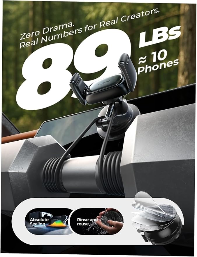 LISEN Suction Phone Mount, [Industry First] Auto-Adjusting Phone Holder Suction, Easy One Touch Suction Cup Phone Mount Cell Phone Mount Car Dash for iPhone 17 Pro Max 16 15 14 Galaxy S26 25 All Cases