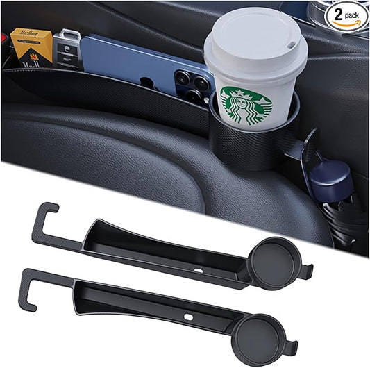 Dual Slot Car Seat Gap Organizer with Cup Holder, Universal Auto Gap Filler Strip 2 Pack with Seat Belt Holes, Carseat Side Gap Guard Spacer Accessories to Fill The Space Between Front Seat & Console