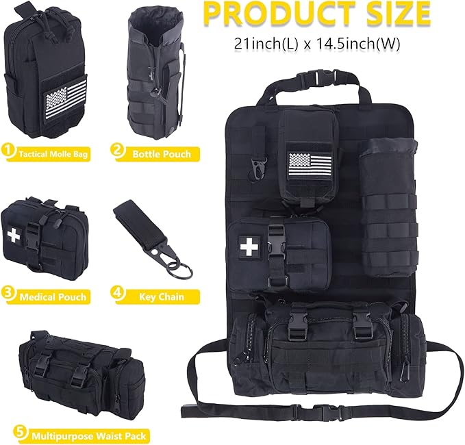 BXBXHD Universal Tactical Car Seat Back Organizer Bag Tactical Molle Vehicle Organizers Panel Vehicle Protector Organizers with 4 Detachable Pouches for Car Truck Ford Jeep Vehicle (Black)