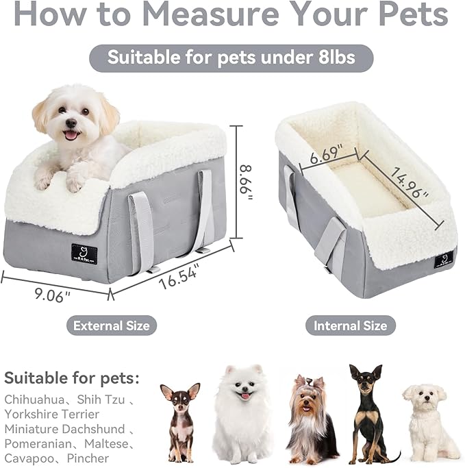 Center Console Dog Car Seat for Small Dogs Under 12 lbs – Secure Booster Seat with Safety Tether, Fits Most Cars & SUVs, Soft Washable Cushion, Portable Carrier Ideal for Pet Travel