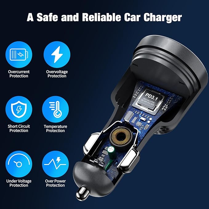 140W USB C Car Charger, Super Fast Charging for iPhone 17 Pro Max/16/MacBook Pro/Air/Samsung S26, Drone, Laptop, Starlink Mini, PD3.1 & PPS 45W Type C Cigarette Lighter Adapter with 100W E-Mark Cord