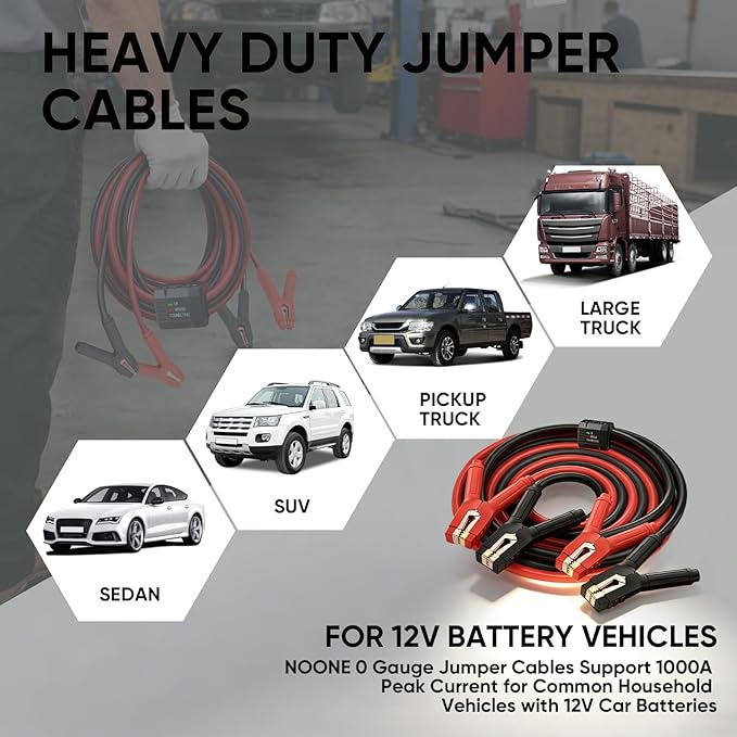 Noone Heavy Duty Jumper Cables, 0 Gauge 25Feet 1000Amp Automotive Booster Cables with Reverse Polarity Protection for Car, SUV and Truck, Jumper Cables Kit with Carry Bag, Gloves, Brushes and Goggles