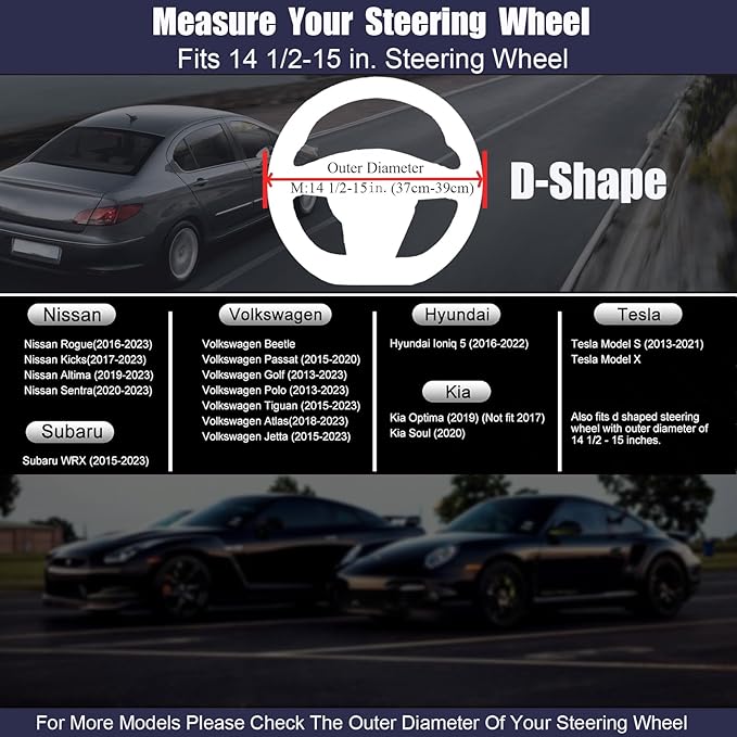 D Shaped Steering Wheel Cover, Flat Bottom Car Wheel Cover 14 1/2-15 inch (37-39 cm), Breathable Microfiber Leather, Black