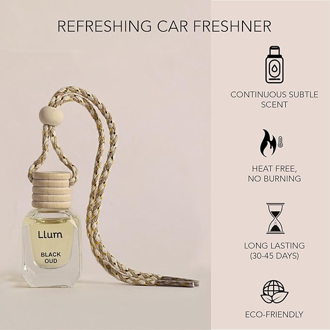 Llum Black Oud Hanging Car Air Freshener – Luxury Automotive Perfume Diffuser 10ml (0.34 fl oz), Long-Lasting Fragrance, Alcohol-Free Non-Toxic Car Scent, Glass Bottle With Wood Cap