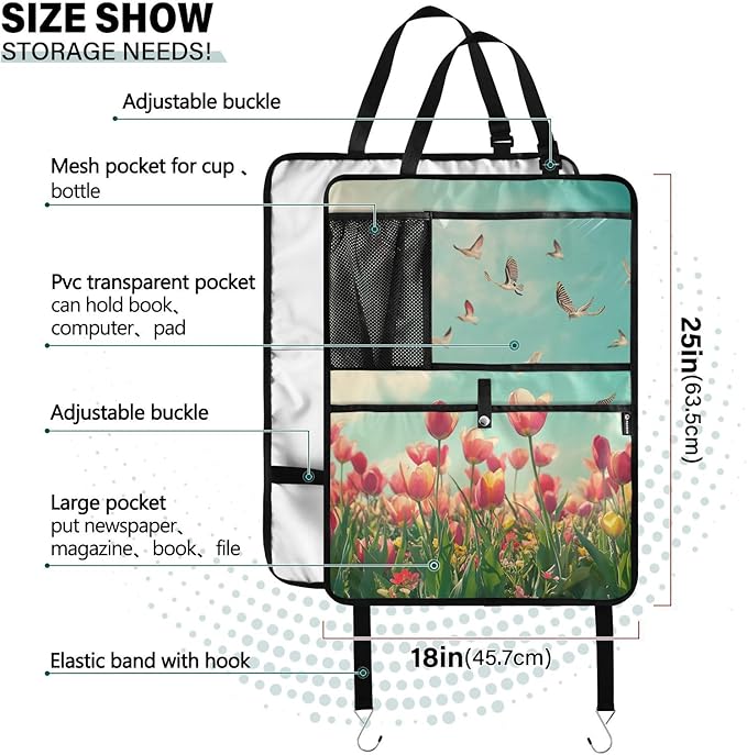 Beautiful Spring Tulips and Herringbone Birds 1 Pack Backseat Car Organizer with Storage Pockets Seat Back Organizers for Kids Kick Mats Backseat Protector Automotive
