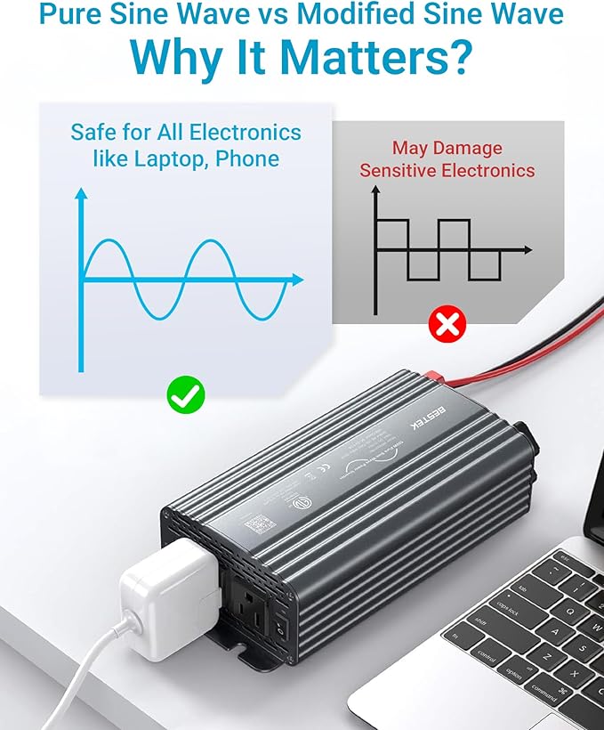 BESTEK 500W Pure Sine Wave Power Inverter DC 12V to 110V AC Car Plug Inverter Adapter Power Converter with 4.2A Dual USB Charging Ports and 2 AC Outlets Car Charger, ETL Listed, Grey