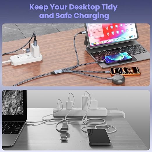 4 in 2 USB A/C to Multi Charging Cable, Travel Charger Cord for All Devices with Dual Type-C/IP/Micro, Universal Multiple Charging Cord for iPhone17-8/Android/Car/Office/Home (2Packs 5FT)