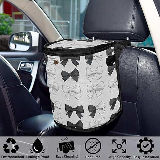 Car Trash Can Black White Bows Car Garbage Bag with Lid Hanging Waterproof Leak Proof Vehicle Storage Bin
