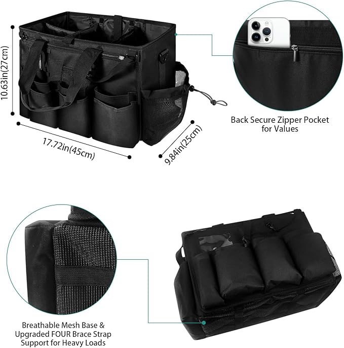 Large Cleaning Caddy Tote with Removable Divider, Heavy-Duty Wearable Apron Organizer with Pockets for Housekeeping, Cleaning Supplies, Tools (Black)