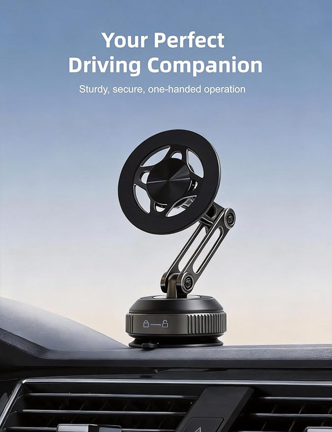 Zinc Alloy Car Phone Mount for Magsafe with N52 Magnet & Vacuum Suction, 360° Rotatable Magnetic Phone Holder for iPhone 17-12, Foldable Phone Stand for Car Windshield, Dashboard and Desk