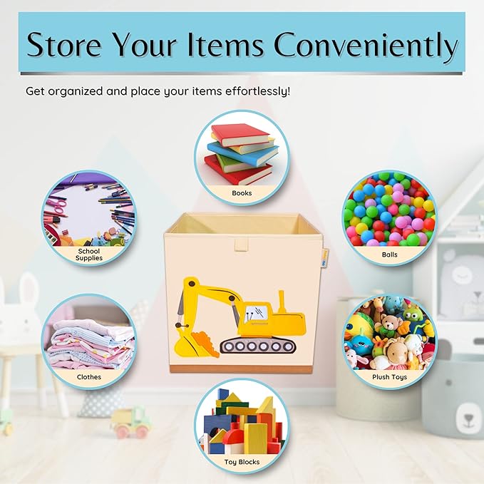 Washable Toy Organizers and Storage, Canvas Toy Chest Organizer Foldable Kids Toy Storage Organizers for Child's Bedroom or Playroom -13x13x13 Inch (Excavator)