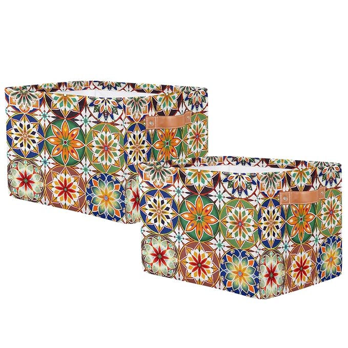 Mandala Flowers Storage Baskets for Organizing, Fabric Collapsible Storage Bins Box Ethnic Boho Decorative Toy Organizer Baskets for Closet Shelves Gift Basket 2Pcs