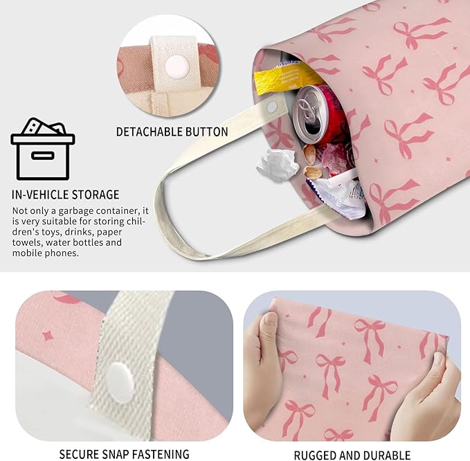 Cute Car Trash Can, Hanging Canvas Car Back Seat Organizer and Storage Bag, Funny Car Trash Bag for Travelling, Outdoor Cute Pink Bow Star