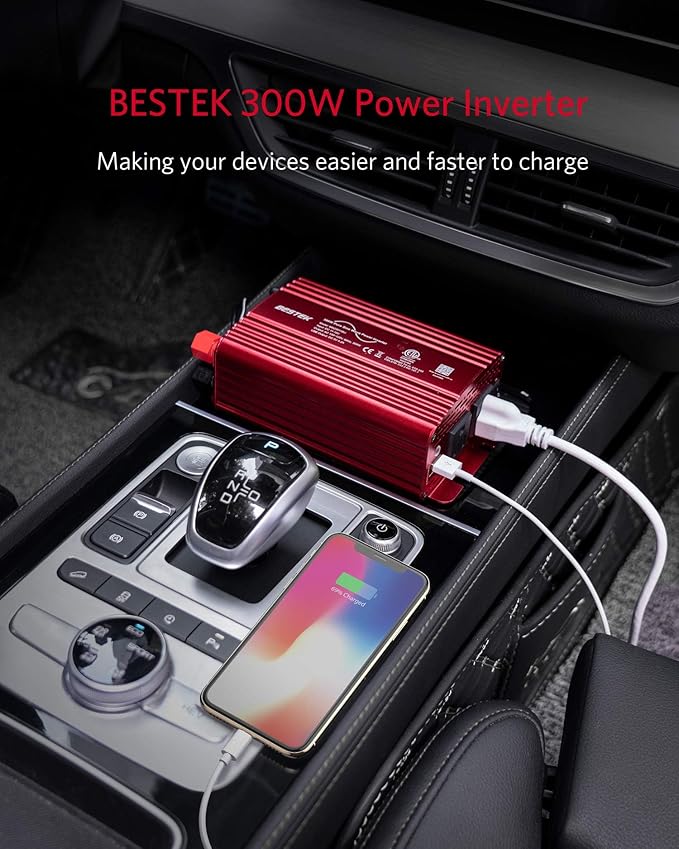 BESTEK 300Watt Pure Sine Wave Power Inverter - DC 12V to AC 110V Car Plug Inverter Adapter, Power Converter with 4.8A Dual USB Charging Ports and 2 AC Outlets Car Charger