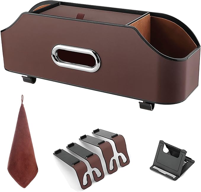 Backseat Car Organizer with 2 Drink Cup Holder - Tissue Holder - Car Seat Hooks for Headrest - Multi-functional Storage for Travel - Perfect for Kids, Adults(Brown)