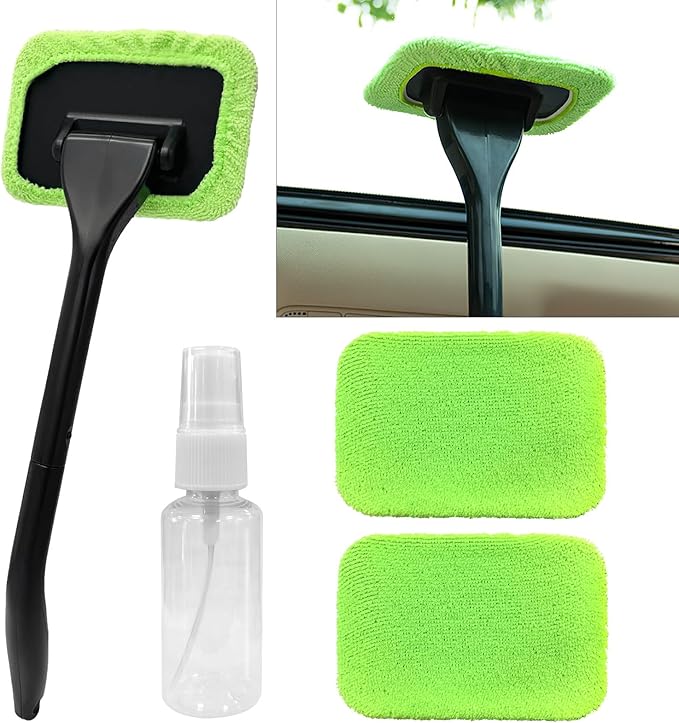 Car Windshield Cleaning Tool, Microfiber Auto Window Cleaner Set with 2 Washable & Reusable Cloth Pad Head, Long Handle and Spray Bottle, Universal Glass Wiper Cleaning Kit