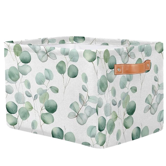Eucalyptus Leaves Storage Baskets for Organizing, Fabric Collapsible Storage Bins Box Sage Green Decorative Toy Organizer Baskets for Closet Shelves Gift Basket 1 Pc