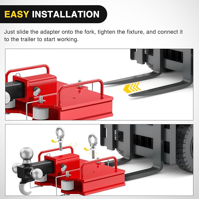 Nilight Forklift Trailer Hitch Attachment Fits 2 Inch Receiver 6500 LBS Capacity Clamp on Dual Pallet Forks Forklift Tow Hitch Attachment Universal Forklift Ball Hitch Mount Trailer Towing Adapter