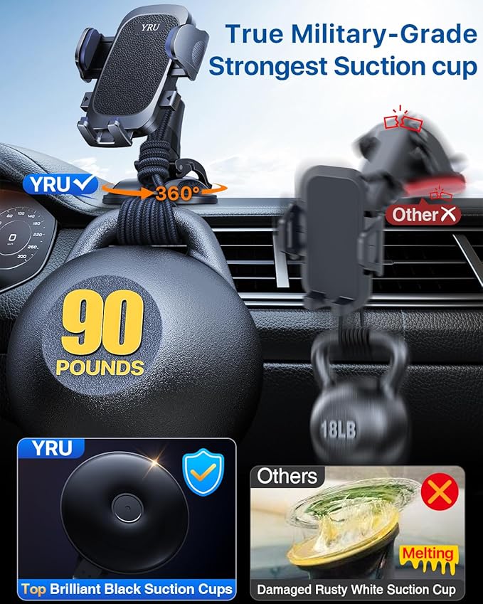 [Military-Grade Anti-Shake & 360° Rotatable Suction] 2026 Upgraded Car Phone Holder Mount【90+LBS Safest Strongest & Patent Cert】Dashboard Windshield Vent for iPhone 17 16 Pro Max Samsung, Jet Black