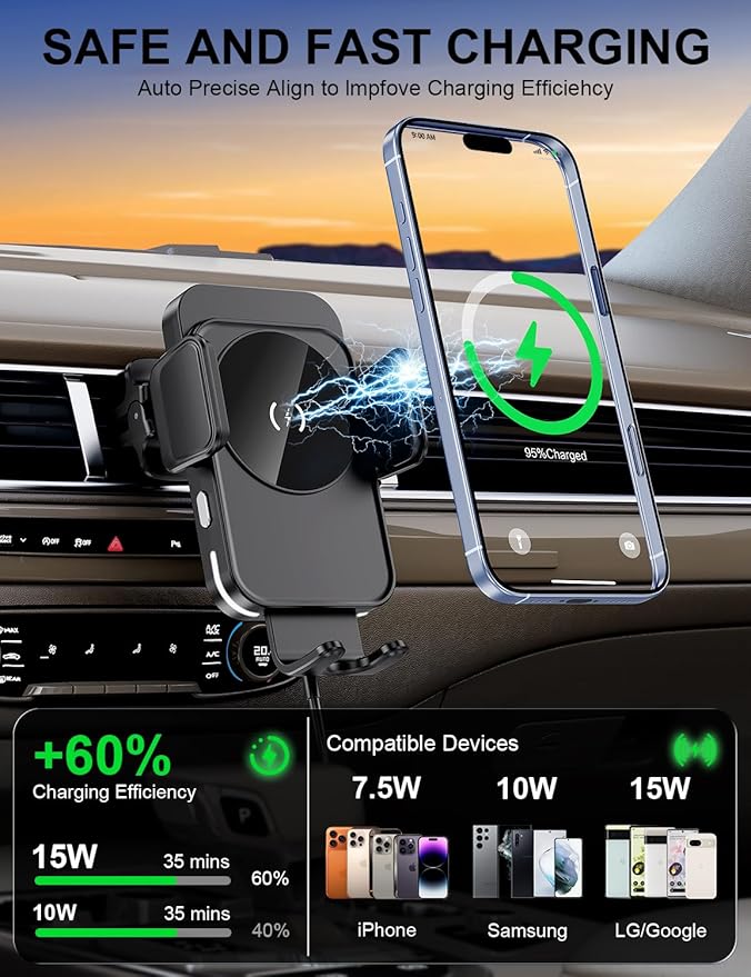 Wireless Car Charger, 15W Fast Charging [Auto Clamping] [Auto alignment] Phone Holders for Your Car Dashboard Windshield Air Vent Car Accessories for iPhone 17 16 15 14 13 12 Series, Samsung Galaxy