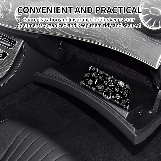 Car Registration and Insurance Card Holder, Premium PU Leather Vehicle Wallet Cover for Glove Box Car Organizer Drivers License / Cards / ID Essentials Document Holder, Astrology Celestial Theme
