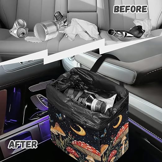Butterfly Mushroom Car Trash Can Leak Proof Auto Trash Bag Hanging Vehicle Garbage Can Starry Night Moon Multipurpose Storage Container for Back Seat Car Accessories