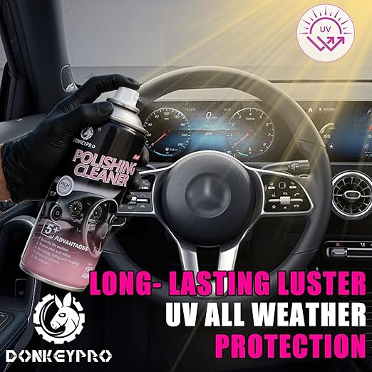 Donkeypro Polishing Cleaner, Car Interior Cleaner - Restores & Protects Plastic, Vinyl, Leather Seats, Dashboard - UV Guard, Anti-Aging, Interior Detailer Spray with Iron Can - 15 Fl Oz