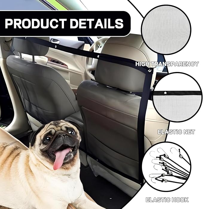 Dog Car Net Barrier, 44"×24" Dog Barrier for Car, Pet Car Divider for Back Seat, Adjustable Stretchable Auto Safety Mesh Pet Barrier Net, Easy to Install, Universal for Car SUV Truck