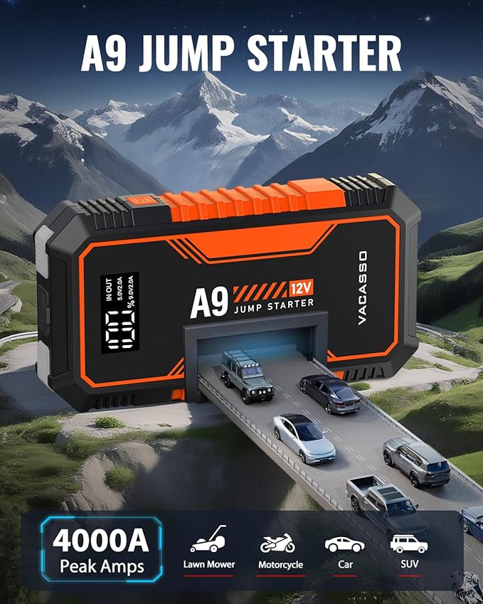 Jump Starter 4000A, VACASSO A9 Battery Jumper Starter Portable (7L Gas/4L Diesel), 12V Car Battery Booster Jump Starters Pack, Jumpstart with USB Ports, Jumper Cables, LED Light, Storage Case