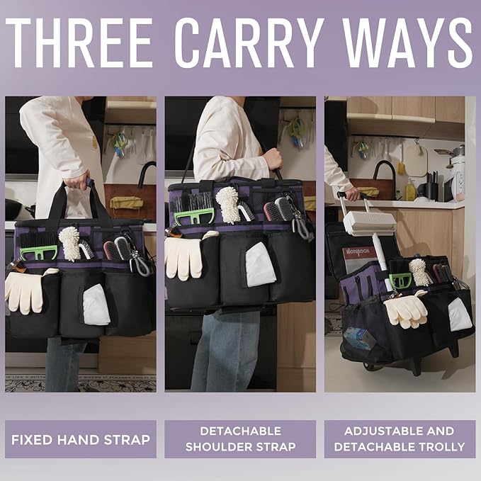 Rolling Cleaning Caddy Bag with Detachable Trolley, Large Cleaning Supplies Organizer with Wheels, Multi Pocket Cleaning Cart with Adjustable Shoulder Strap for Housekeeper & Home, GrapePurple