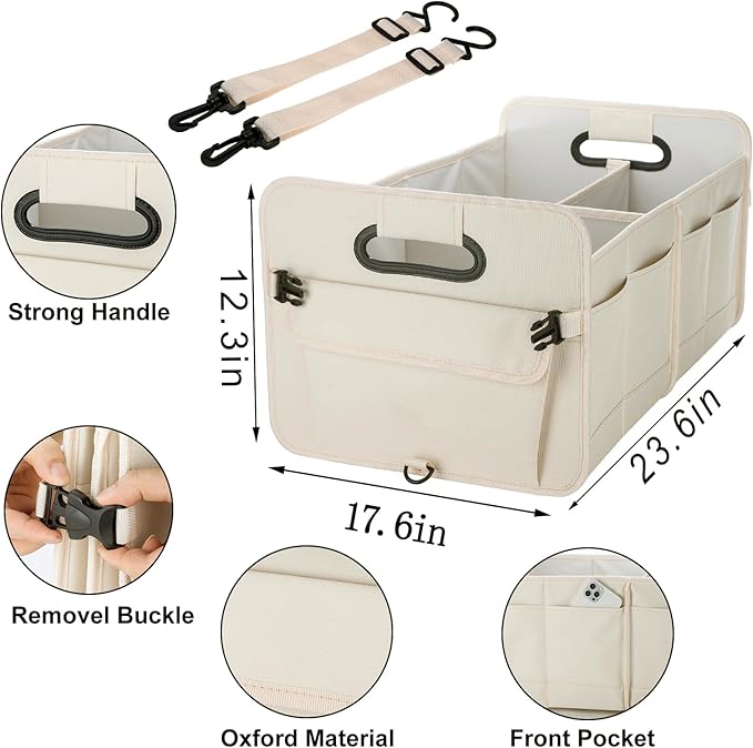 Trunk Organizer For Suv & Sedan,Car Organizers and Storage, Waterproof Collapsible & Adjustable Straps,Sturdy Car Organization for Car Accessories, Tools,Food，Sundries,2-3 Compartment（Beige）