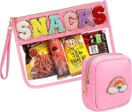 2 Pcs Snack Pouch Chenille Letter Clear Zipper Snack Bag, Nylon Snack Pouch for Travel Clear Makeup Bag Small Cosmetic Bag for Purse Snack Bags for School Waterproof Toiletry Bag