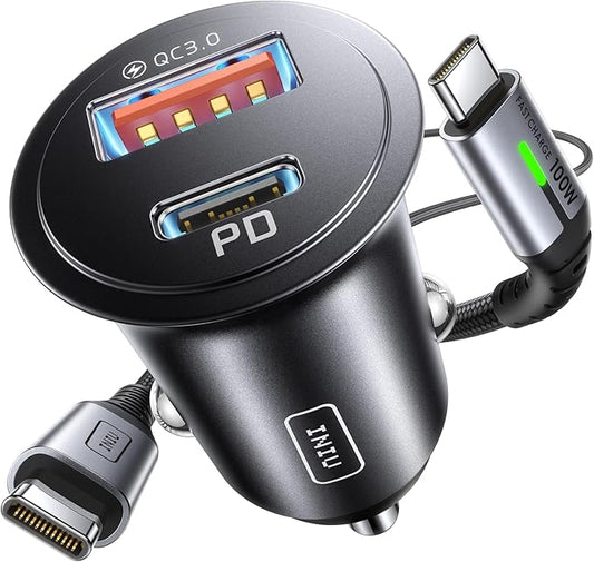 INIU Car Charger, Cigarette Lighter USB Charger Total 60W, 12V USB Socket with [1m] 100W Type C Cable Fast Charge, Car Phone Charge Adapter for iPhone 17 16 Samsung Laptops Switch 2 Car Accessories