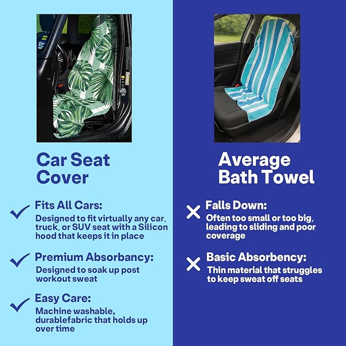2 Pack Car Seat Towel Covers, Sweat Protector for Front Seats, Premium Thickened Microfiber with Palm Leaves, Breathable & Quick Dry, Slip-on Headrest Pocket for Gym Running Beach Universal Fit