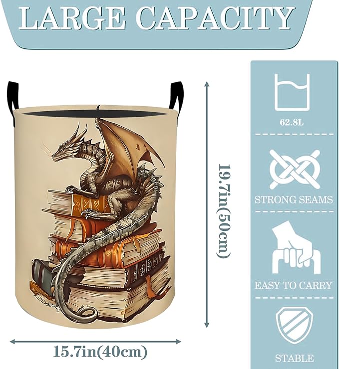 Vintage Dragon Book Fantasy Laundry Basket, Dirty Collapsible Clothes Toy Organizer Hamper for Kids Adults, Oxford Cloth Waterproof Storage Bin for Bathroom Mythical Decor Gifts, 19.7"X15.7"