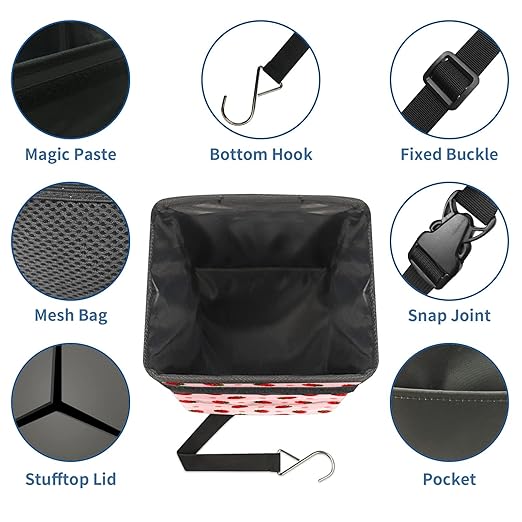 Cute Strawberry Collapsible Reusable Waterproof Car Trash Can with Lid, Automotive Garbage Can, Car Organizer