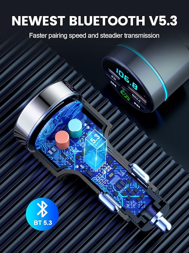 RIWUSI FM Transmitter for Car Bluetooth 5.3, [All-Metal] PD 30W & QC3.0 18W Fast Car Charger, Wireless FM Radio Kit Bluetooth Car Adapter, Noise Cancelling Hands-Free Call, Blue Light - Silver