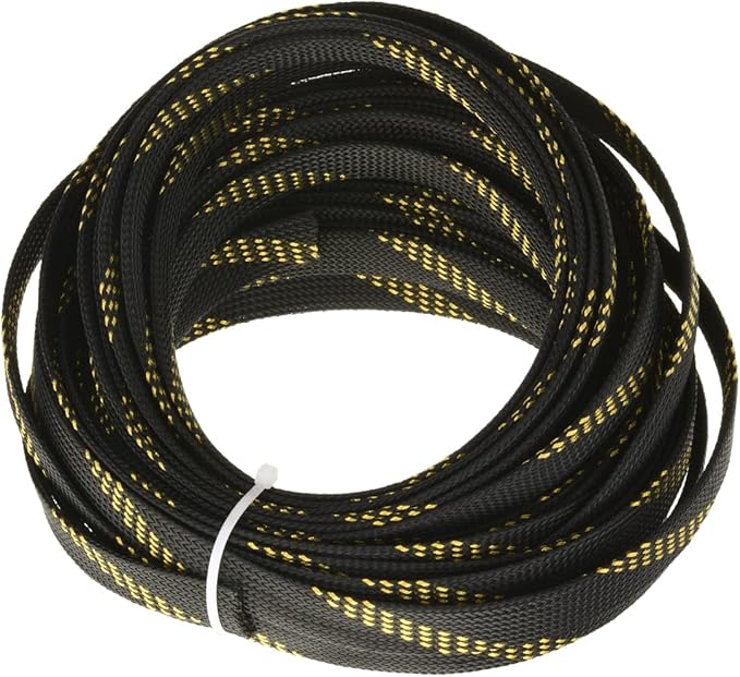 Aicosineg 32.8ft PET Flexible Braided Cable Sleeve 0.55inch Width Wire Loom Sleeving and Organizer Flexible Wire Mesh Sleeve Wrap Protector for TV Audio PC Cords from Pets Chewing Black and Gold