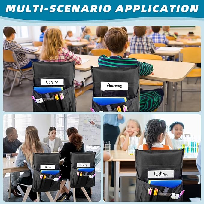12 Pcs Classroom Chair Pockets, 18.5 x 15.3 inch Black Chair Pockets For Classroom, Seat Sacks for Classroom Chairs, Buddy Pocket, Chart Seat Back Organizer with Name Tag