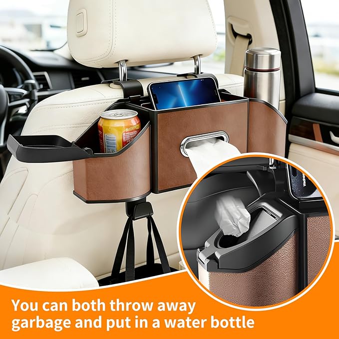 7-in-1 Multifunctional Car Seat Back Organizer, Car Back Seat Storage Box Trash Can & Cup Holder with Tissue Box, Hooks, Universal Fit for Most Cars, SUVs, Trucks (Brown)