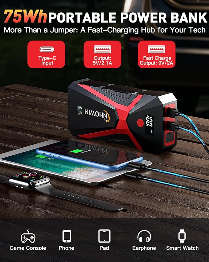 Battery Jumper Starter Portable, 4000A 4 in 1 Function Jump Starter Up to 7.5L Gas & 5.0L Diesel Engines 12V Jump Box for Car Battery with Smart Jumper Cables and LED Flashlight