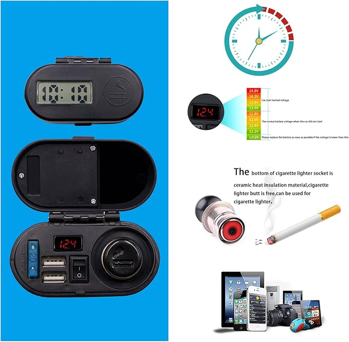 BlueFire 5V/3A Dual USB Charger Socket Waterproof Motorcycle Handlebar & Rear View Mirror Clamp Power Adapter Charger with Cigarette Lighter Socket, Voltmeter for Phones/Tablets/GPS (Black 1)