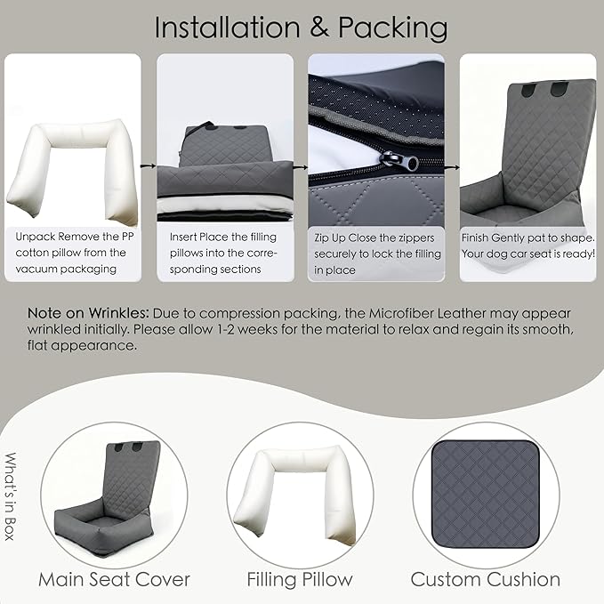 Microfiber Leather Dog Car Seat for Small & Medium Dogs, Waterproof Pet Car Seat with Washable Pee Pad, Scratch & Fur Resistant, Foldable Dog Bed for Home & Travel, Non-Slip Design, Matte Gray
