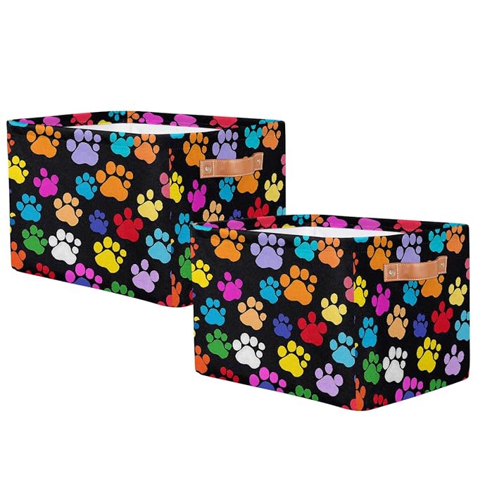 Dog Paw Print Storage Baskets for Organizing, Fabric Collapsible Storage Bins Box Colorful Decorative Toy Organizer Baskets for Closet Shelves Gift Basket 2Pcs