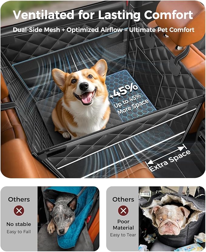 Doglike UNBREAK Dog Car Seat Cover for Back Seat [NO.1 Military-Grade Reinforced Protection], 500LB Ultra-Support Dog Carseat Hard Bottom, Waterproof Pet Carseat Dog Hammock for Cars/SUV/Truck L Size