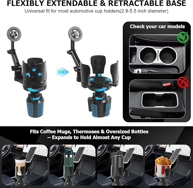 Frani Car Cup Holder Expander with Magnetic Phone Mount - Adjustable Insert Fits 2.68-4.33" Holders, 360° Gooseneck & Strong N52 Magnets for iPhone Samsung