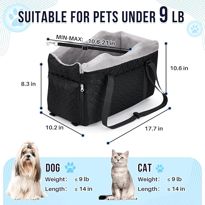 SlowTon Console Dog Car Seat - Portable Center Dog Car Seat for Small Dogs up to 9 lbs, Washable Pet Carseat with Soft Cushion Safe Protection Hooks & Storage Pocket, Black