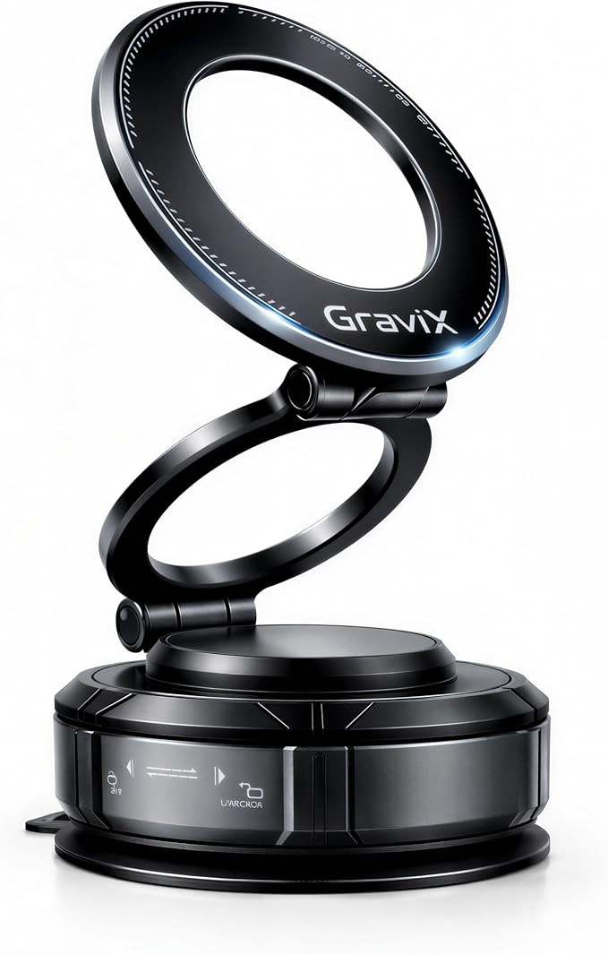 GraviX Magnetic Car Phone Holder for MagSafe – Powerful Magnet, Strong Suction, Anti-Vibration Arm, 360° Adjustable Dashboard & Windshield Car Mount (Fits All Vehicles, All Phones & Cases)