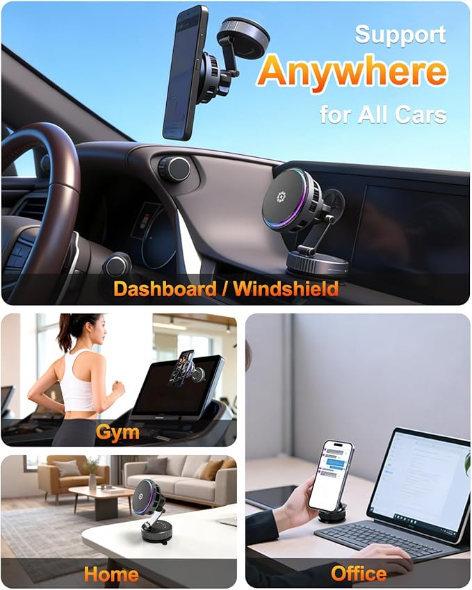 TEC&Fan Cooling Magnetic Wireless Car Charger, For Magsafe Car Mount Fast Charging, Vacuum/Air Vent Car Phone Holder [120LBS Ultra Suction Cup&3000gf Magnet] Dashboard Car Bracket for iPhone/Samsung