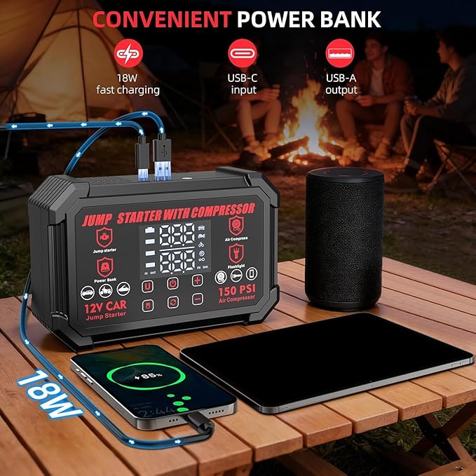 Jump Starter with Air Compressor, 4000A Peak Portable Car Battery Jumper Starter with 150PSI Auto-Shutoff Tire Inflator, 12V Car Jump Box with LED Light&LED Display All Gas /10L Diesel,Motorcycle